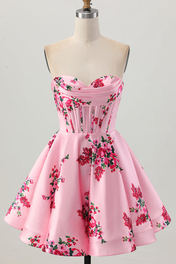 Pink Flower A-Line Sweetheart Satin Corset Cocktail Dress